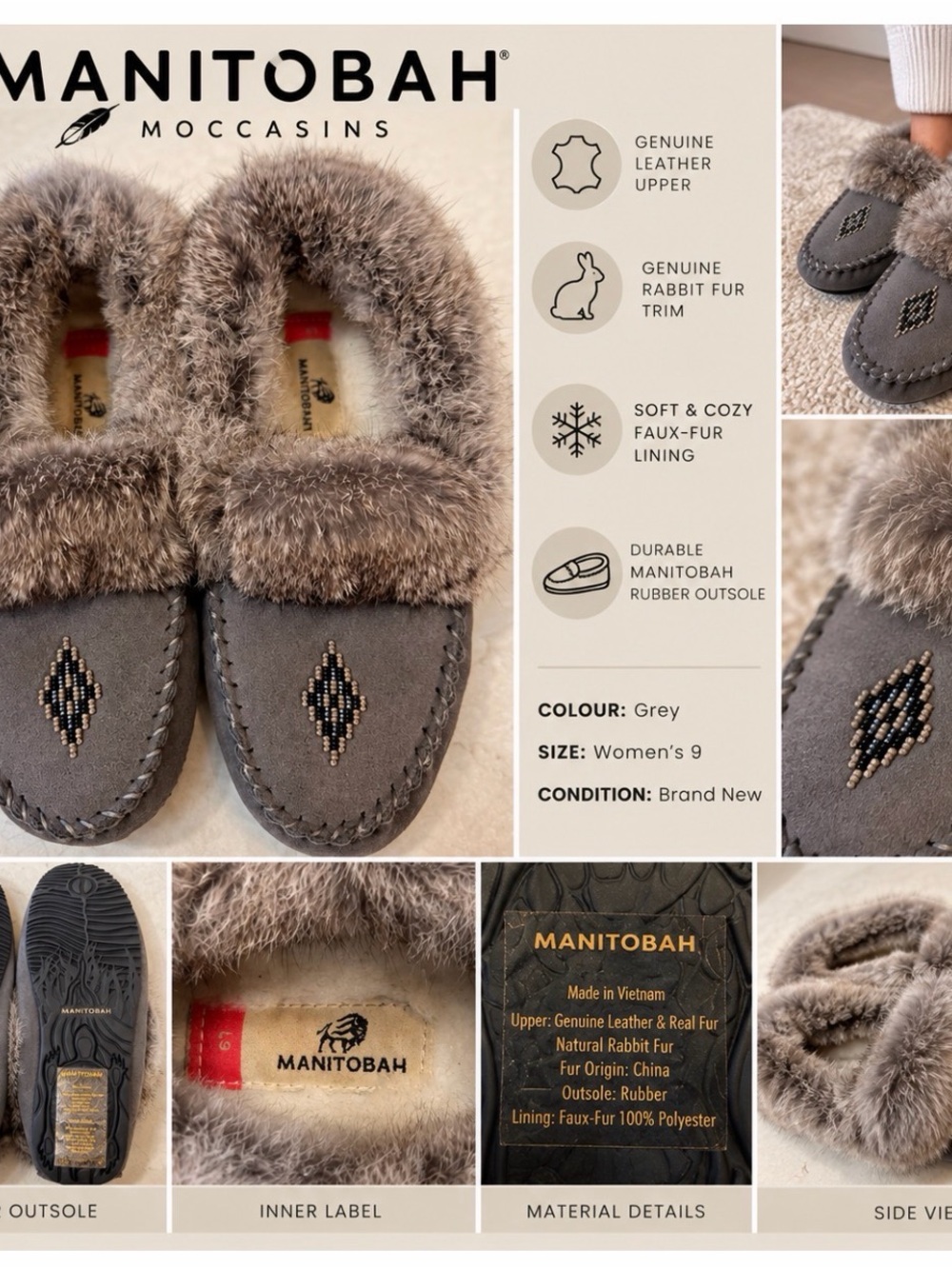 NEW Manitobah Grey Rabbit Fur Moccasin Slippers – Size 9